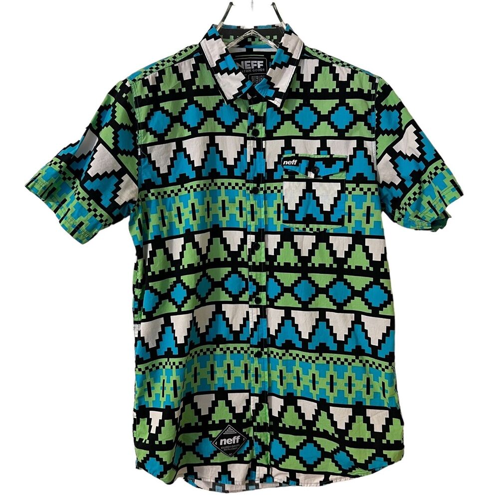 Neff Tribal Aztec Cotton Turquoise Green Button-Down Short Sleeve Shirt - Large